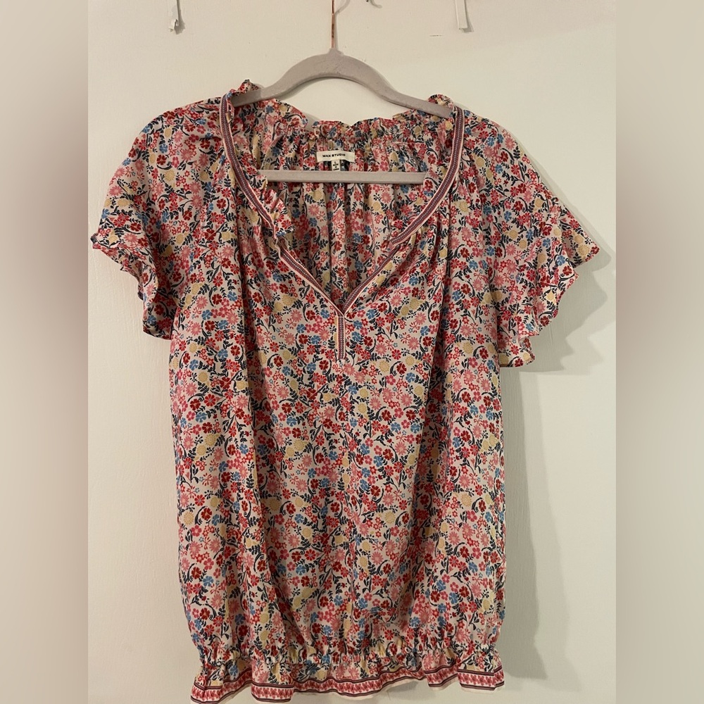 Max Studio Boho Bubble Hem V Neck Blouse Sz L